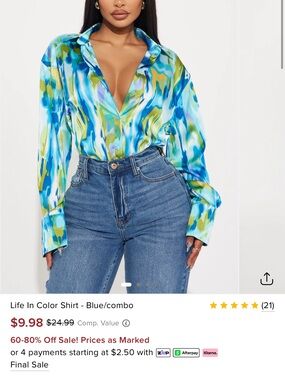 Fashion Nova Blue Combo Satin Button-Down Shirt